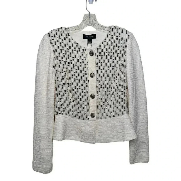 St. John Sequin Embellished Cropped Button Down Cardigan Cream Ivory Size 4 NWT - Picture 14 of 14